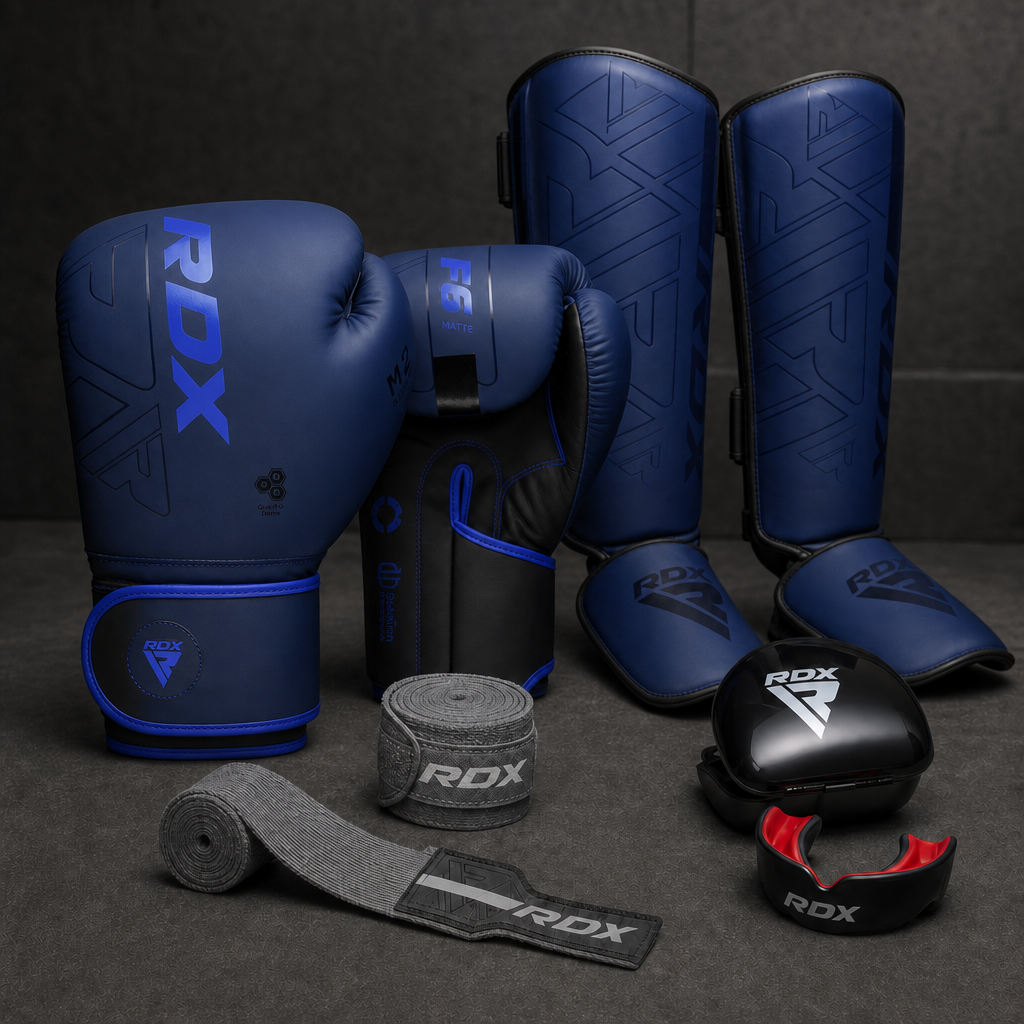 Kit Intermedio ONZA azul con espinilleras F6 y bucal negro/rojo
