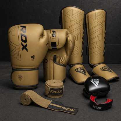 Kit Intermedio ONZA dorado con espinilleras F6 y bucal negro/rojo