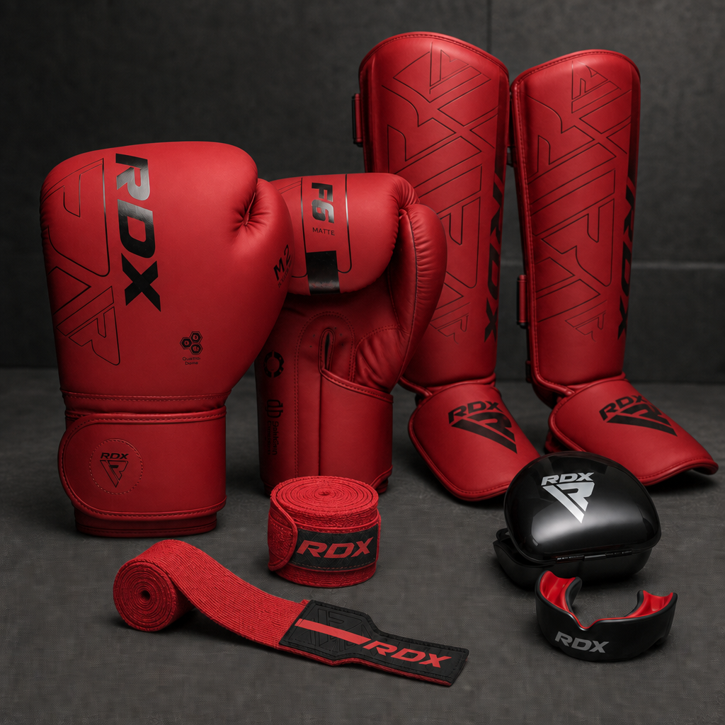 Kit Intermedio ONZA rojo con espinilleras F6 y bucal negro/rojo