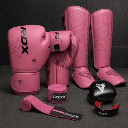 Kit Intermedio ONZA rosado con espinilleras F6 y bucal negro/rojo