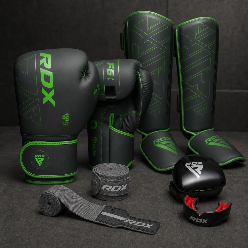 Kit Intermedio ONZA verde con espinilleras F6 y bucal negro/rojo