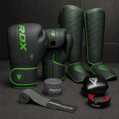 Kit Intermedio ONZA verde con espinilleras F6 y bucal negro/rojo